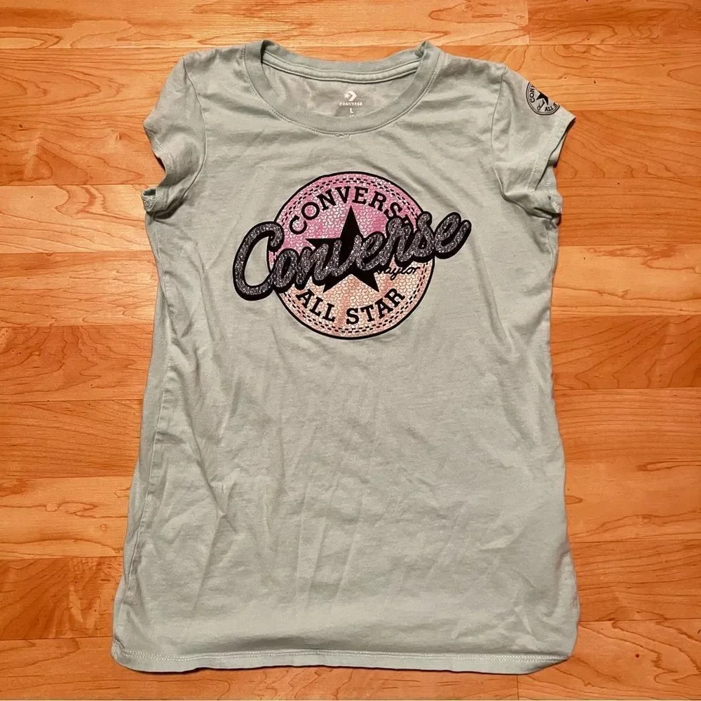 Converse All Star Blue Glitter Graphic Tee Shirt Girls Large
